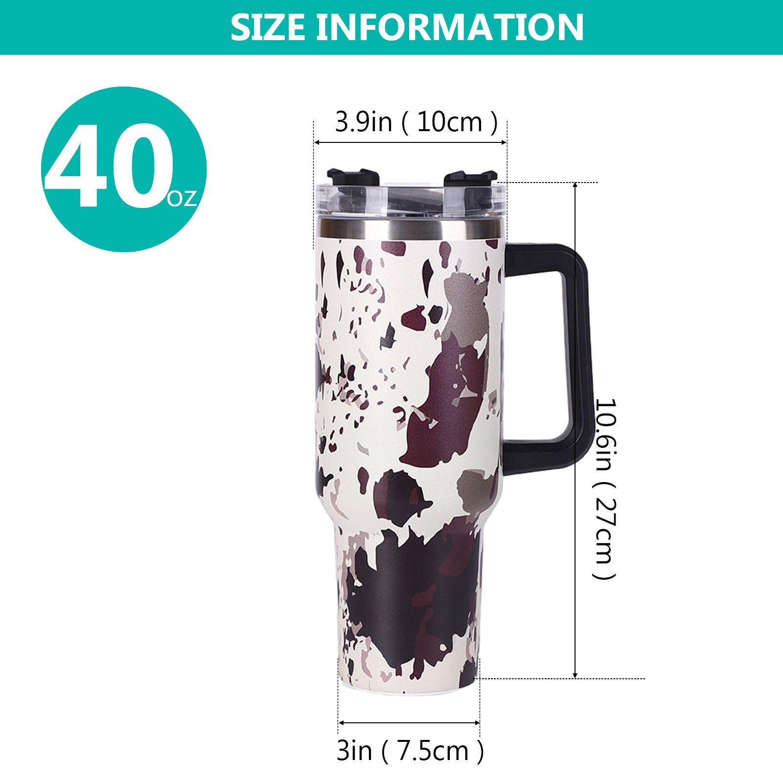 40oz 5D cowprint Insulated Tumbler With Handle And Straw Lid Portable Large Capacity water bottle, Heat preservation,304 Stainless Steel Cup For Outdoor Sports, Travel & Camping Birthday Gift - Discount Msrp 