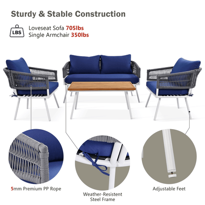 4-Piece Patio Furniture Set, Outdoor Furniture with Acacia Wood Table, Patio Conversation Set with Deep Seating & Thick Cushion for Backyard Porch Balcony - Discount Msrp 