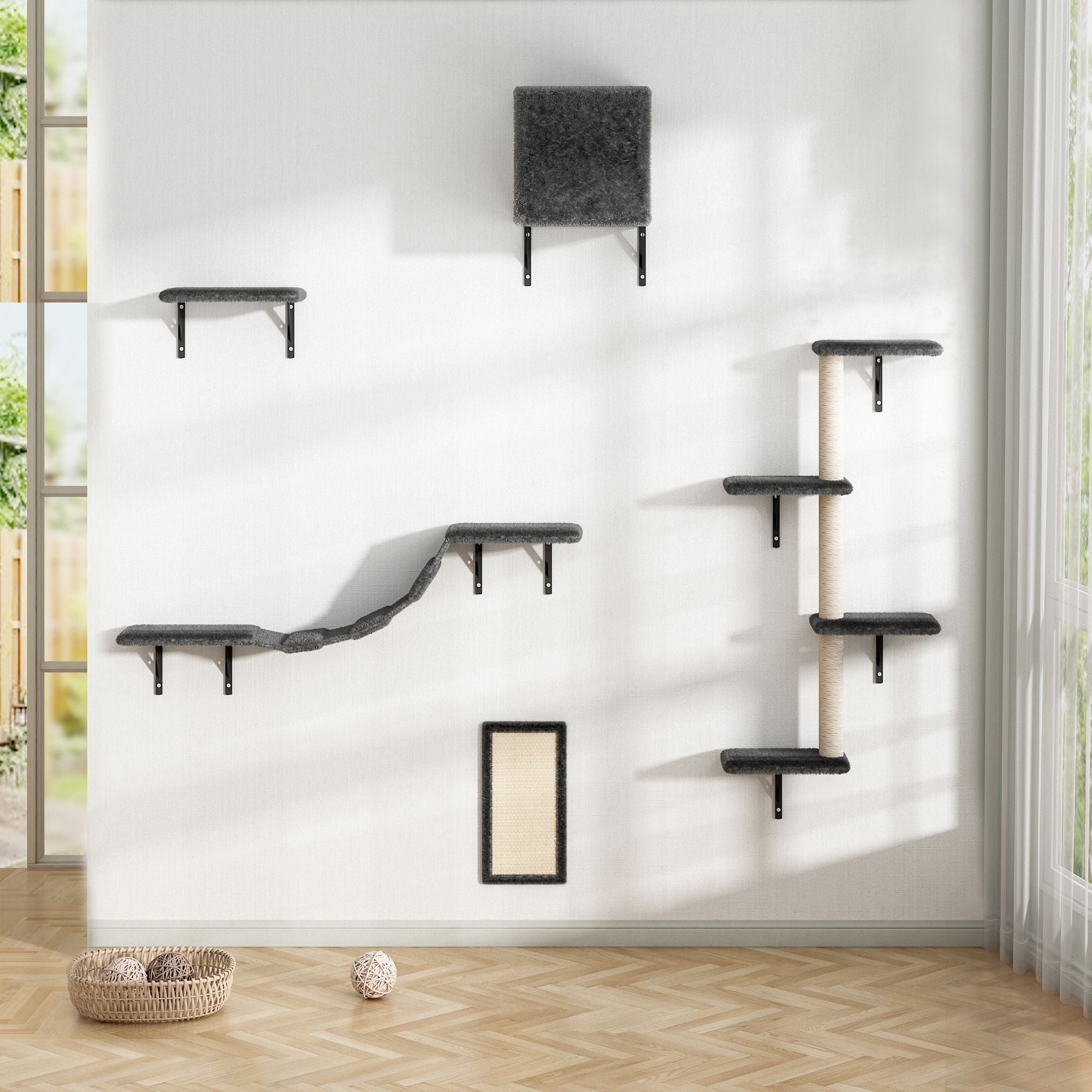 5 Pcs Wall Mounted Cat Climber Set; Floating Cat Shelves and Perches; Cat Activity Tree with Scratching Posts; Modern Cat Furniture - Discount Msrp 
