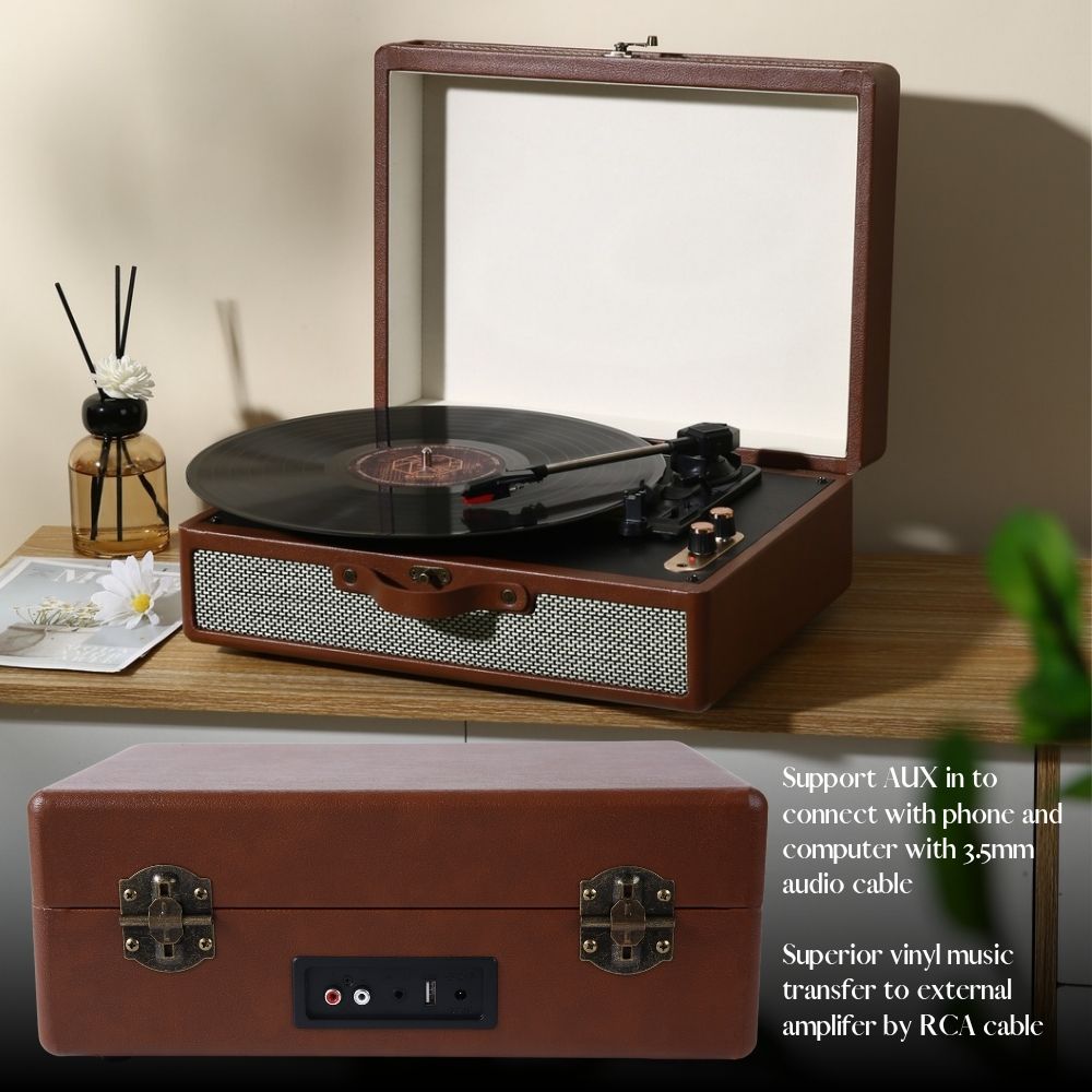 Portable Vinyl record player S350,with 2 Stereo Speakers, Wireless 3-Speed 33/45/78RPM, Support Headphone Jack/USB/AUX-IN/RCA-Out/Recording - Discount Msrp 