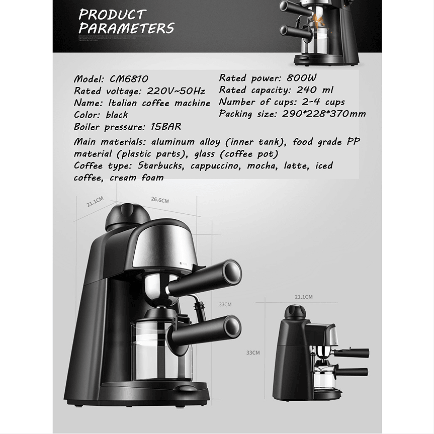 PSCM6810 3.5bar Steam Epresso Machine 4 cup Epresso Machine Epresso cappuccino coffee home compact espresso machine - Discount Msrp 