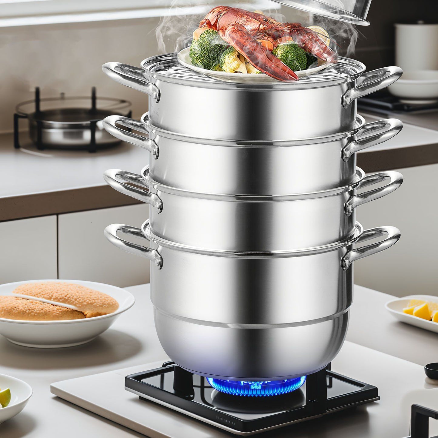 VEVOR Dumpling Steamer Stainless Steel 5 Titer for for Cook Soup, Noodles, Fishes Work with Gas Electric Grill Stove Top, Dia 30cm/11.8inch, Pot - Discount Msrp 