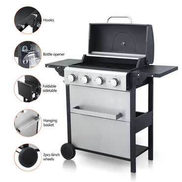 4-Burner Propane Gas BBQ Grill, 34200BTU Output With Wire Enamel Cooking Grids For Outdoor Barbecue, Foldable Side Table, Hanging Basket, Stainless Steel - Discount Msrp 