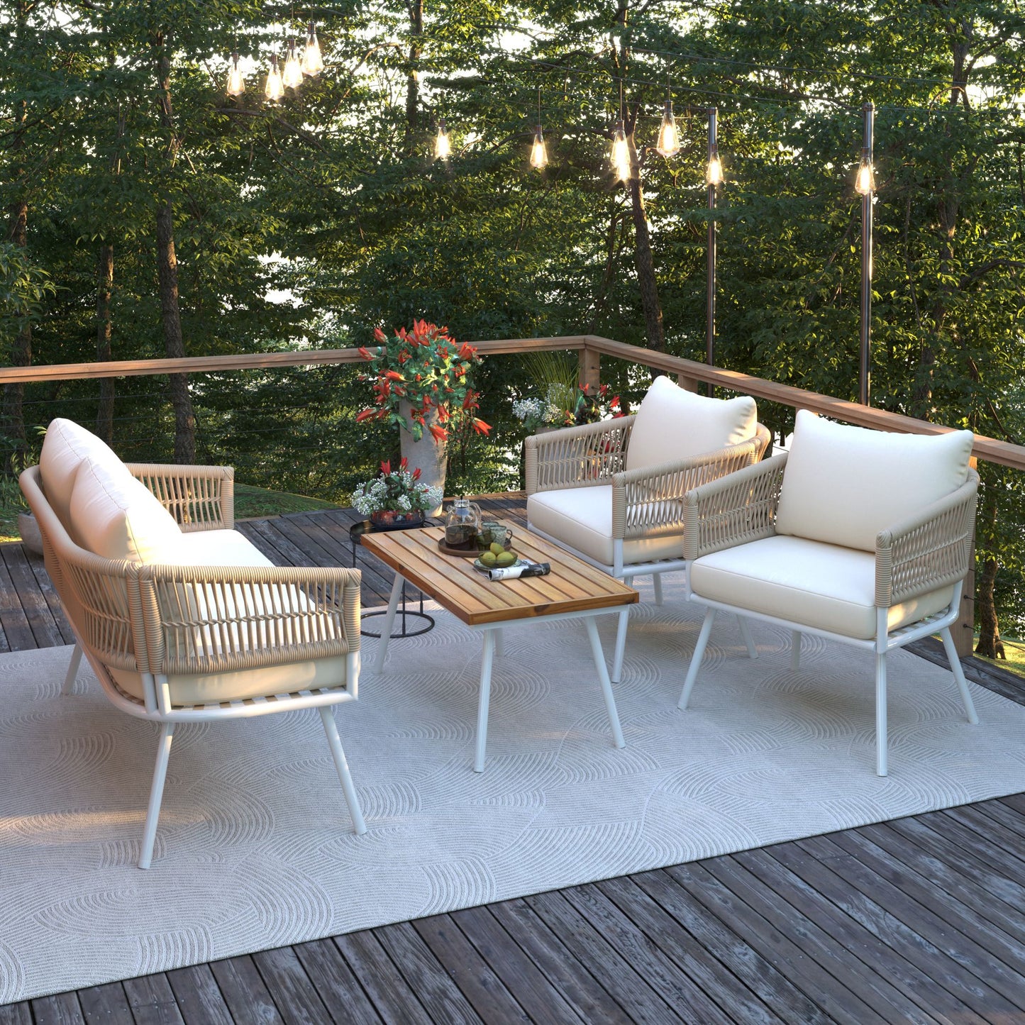 4-Piece Patio Furniture Set, Outdoor Furniture with Acacia Wood Table, Patio Conversation Set with Deep Seating & Thick Cushion for Backyard Porch Balcony - Discount Msrp 