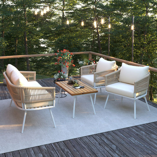 4-Piece Patio Furniture Set, Outdoor Furniture with Acacia Wood Table, Patio Conversation Set with Deep Seating & Thick Cushion for Backyard Porch Balcony - Discount Msrp 