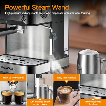 PlumChef Espresso Machine 20 Bar Professional Compact Household Coffee Espresso Maker with Milk Frother Steam Wand Pressure Gauge 54oz Water Tank Low Noise and Fast Coffee Machine for Cappuccino Latte - Discount Msrp 