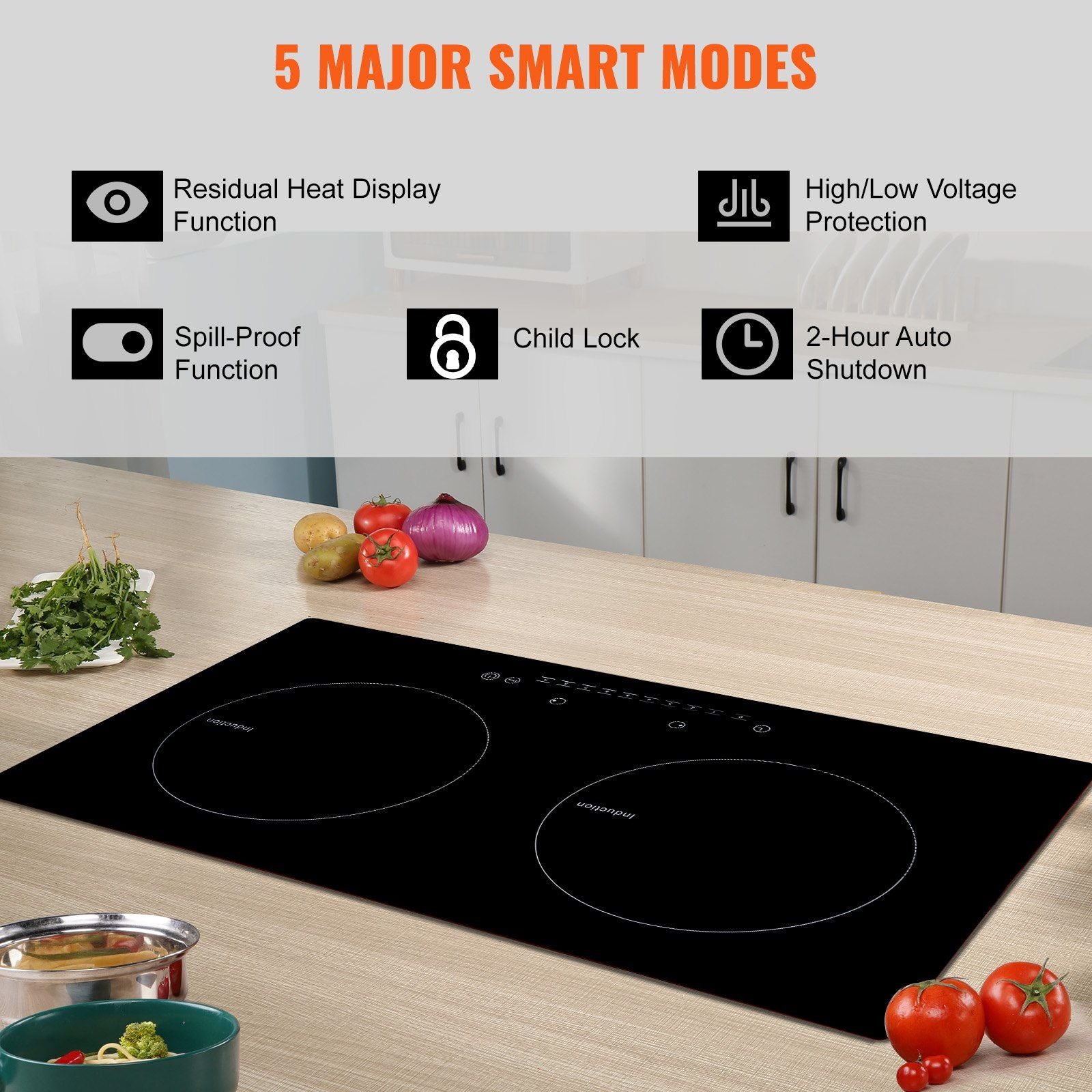 VEVOR Electric Cooktop, 2 Burners, 24'' Induction Stove Top, Built-in Magnetic Cooktop 1800W, 9 Heating Level Multifunctional Burner, LED Touch Screen w/ Child Lock & Over-Temperature Protection - Discount Msrp 