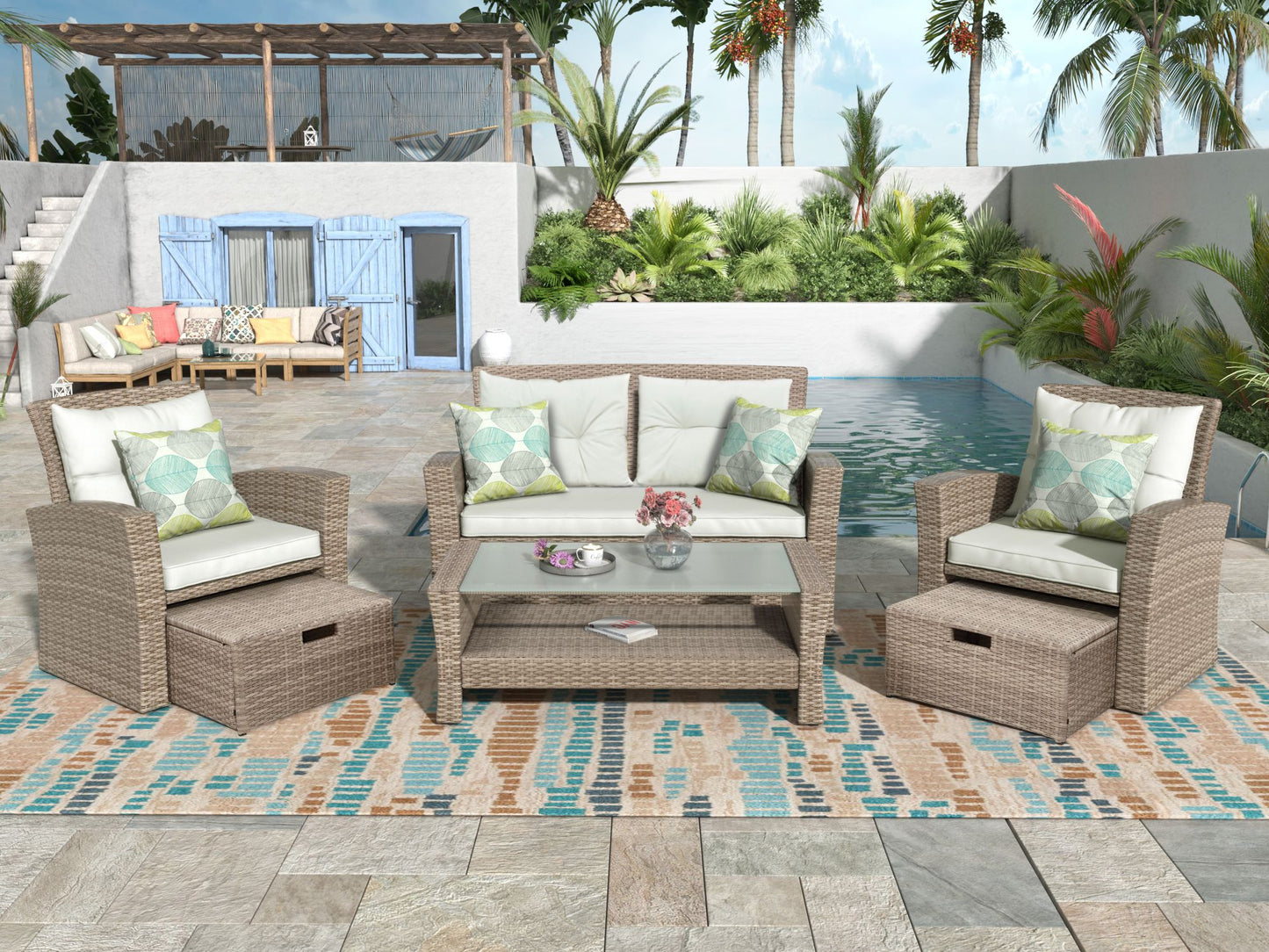 Patio Furniture Set; 4 Piece Outdoor Conversation Set All Weather Wicker Sectional Sofa with Ottoman and Cushions - Discount Msrp 