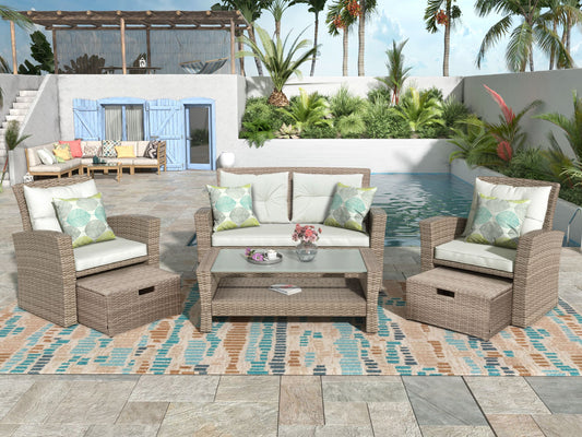 Patio Furniture Set; 4 Piece Outdoor Conversation Set All Weather Wicker Sectional Sofa with Ottoman and Cushions - Discount Msrp 