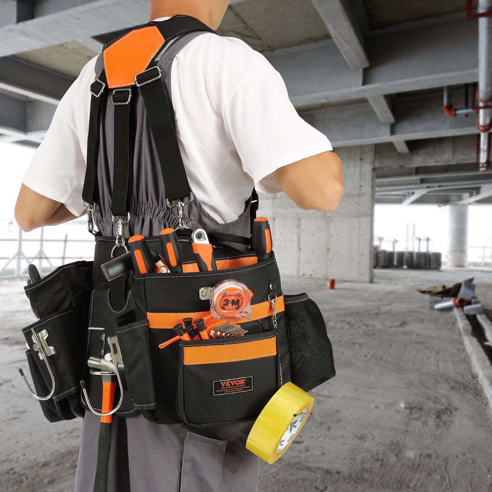 VEVOR Tool Belt with Suspenders, 29 Pockets, 29-54 inches Adjustable Waist Size, Tool Belts for Men, 600D Polyester Heavy Duty Carpenter Tool Pouch for Carpenters, Electricians, and Gardening, Black - Discount Msrp 