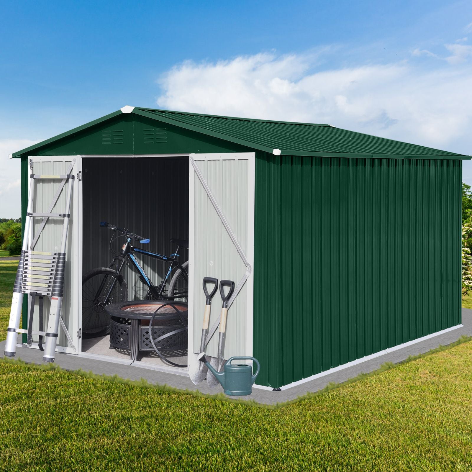 Metal garden sheds 10ft×8ft outdoor storage sheds Green + White - Discount Msrp 