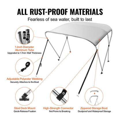 VEVOR 3 Bow Bimini Top Boat Cover, 900D Polyester Canopy with 1" Aluminum Alloy Frame, Waterproof and Sun Shade, Includes Storage Boot, 4 Straps, 2 Support Poles, 6'L x 46"H x 61"-66"W, Light Grey - Discount Msrp 