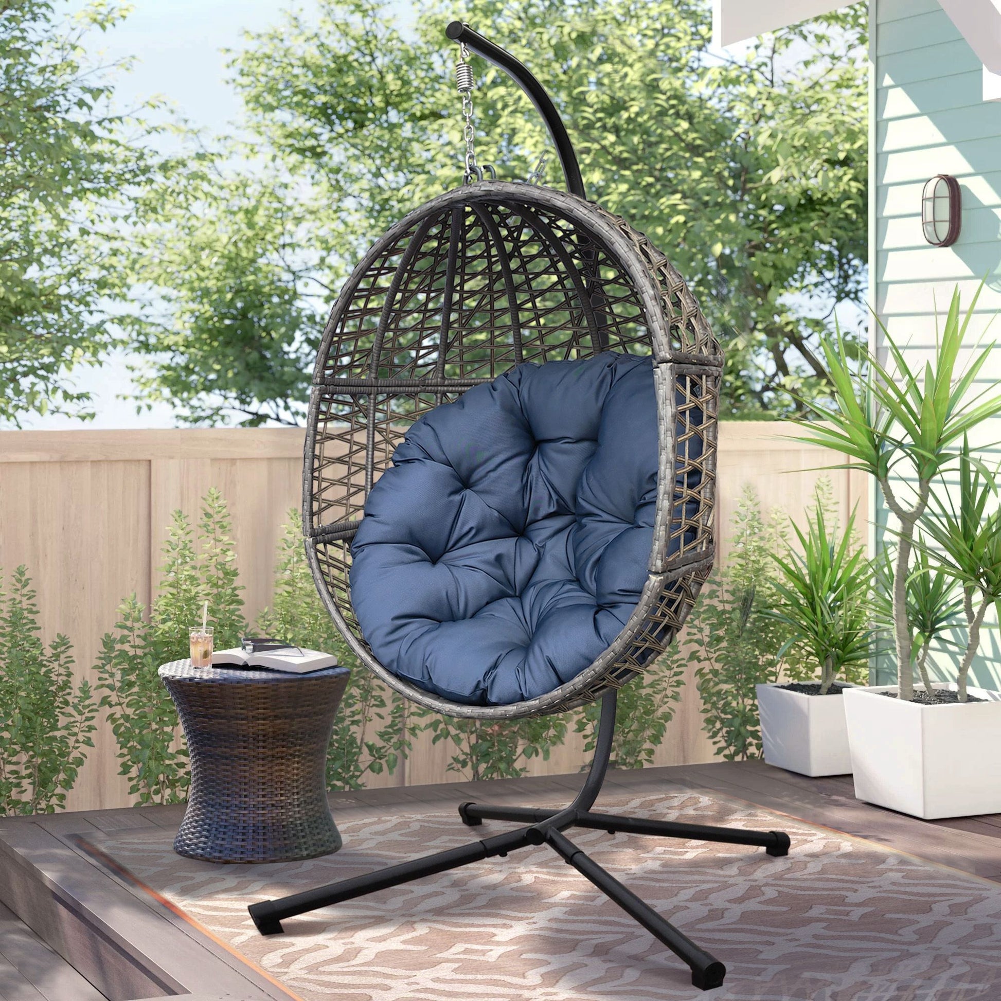 Wicker Hanging Swing Chair; Rattan Hanging Egg Chair with Durable Stand and Waterproof Cushion for Outdoor Garden or Indoor Living Room - Discount Msrp 