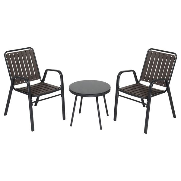 3-Piece Patio Bistro Table Set, Outdoor Furniture Set with 2 Stackable Patio Dining Chairs and Glass Table for Yard Balcony Porch, Black and Coffee - Discount Msrp 
