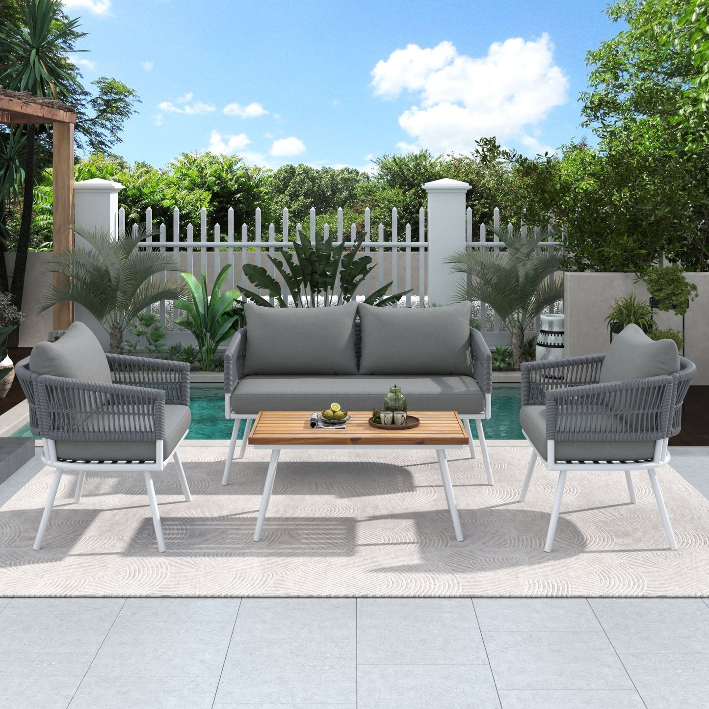 4-Piece Patio Furniture Set, Outdoor Furniture with Acacia Wood Table, Patio Conversation Set with Deep Seating & Thick Cushion for Backyard Porch Balcony - Discount Msrp 