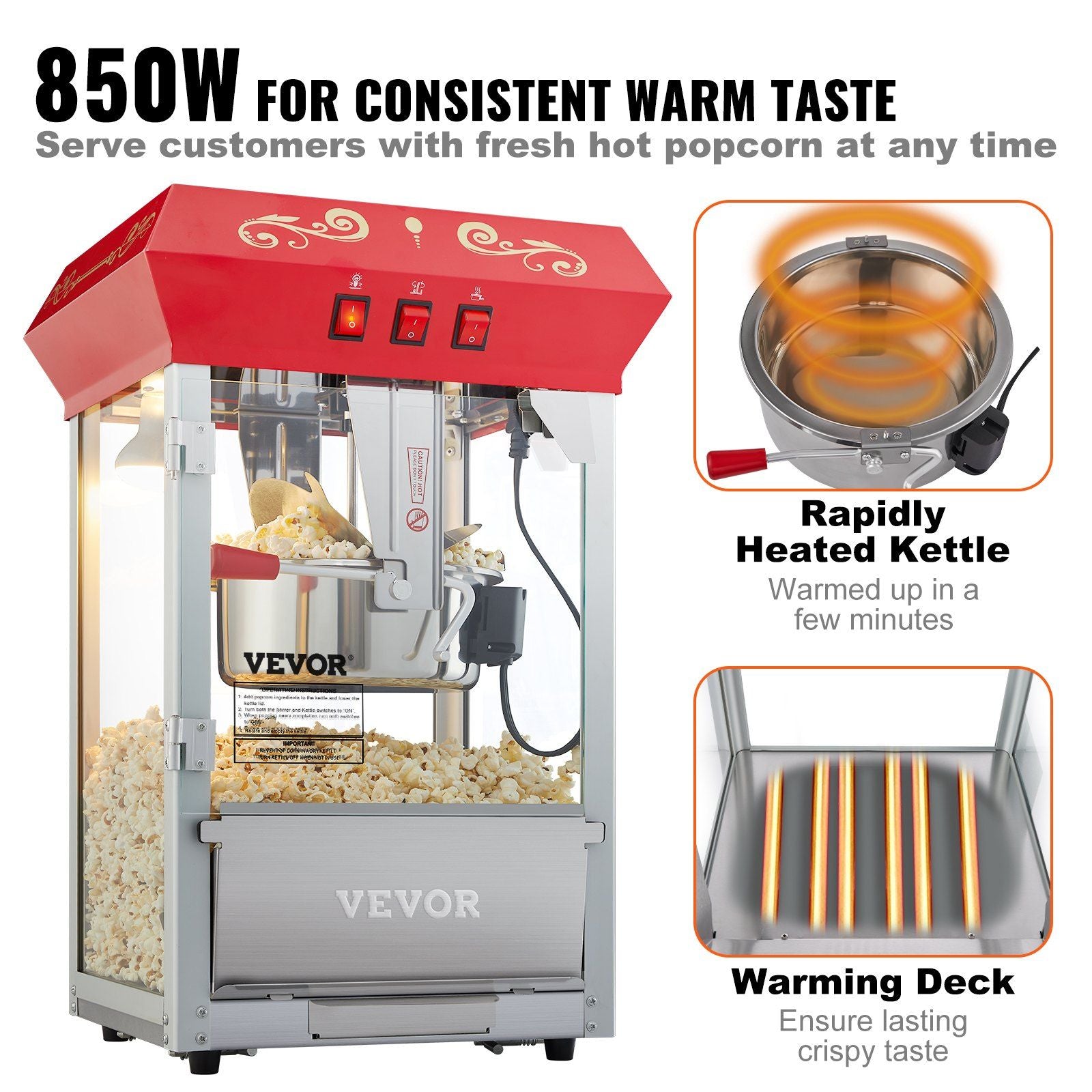 VEVOR Popcorn Popper Machine 8 Oz Countertop Popcorn Maker 850W 48 Cups Red - Discount Msrp 