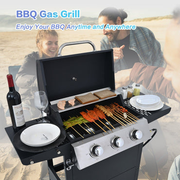 Propane Gas Grill 3 Burner Barbecue Grill, Stainless Steel 26,000 BTU Patio Garden Barbecue Grill with Two Shelves, Lid, Wheels and Bottle Opener - Discount Msrp 