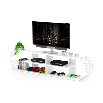 FurnisHome Store Mid Century Modern Tv Stand 4 Shelves Open Storage Entertainment Centre 68 inch Tv Unit, White/Chrome - Discount Msrp 