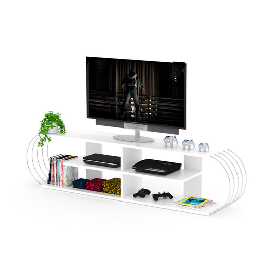 FurnisHome Store Mid Century Modern Tv Stand 4 Shelves Open Storage Entertainment Centre 68 inch Tv Unit, White/Chrome - Discount Msrp 