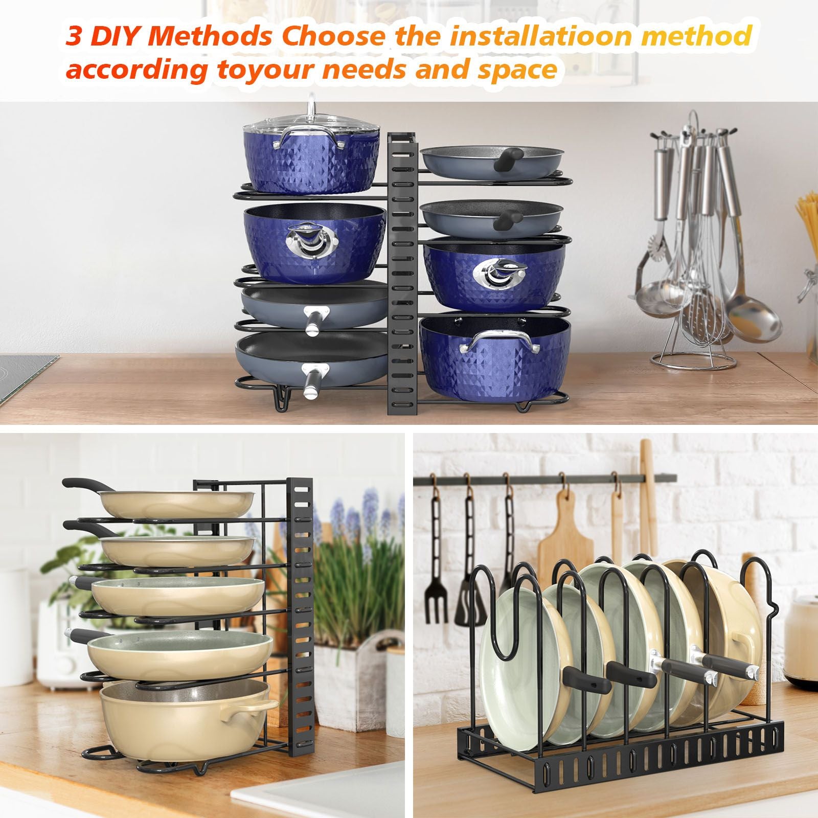 Pot and pan organizer, Pot Lid Holders & Pan Rack, Multiple DIY methods 8 tier pot racks, adjustable kitchen organization and storage for pots and pans. - Discount Msrp 