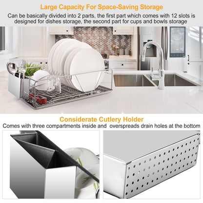 Dish Drying Rack Stainless Steel Dish Rack w/ Drainboard Cutlery Holder Kitchen Dish Organizer - Discount Msrp 