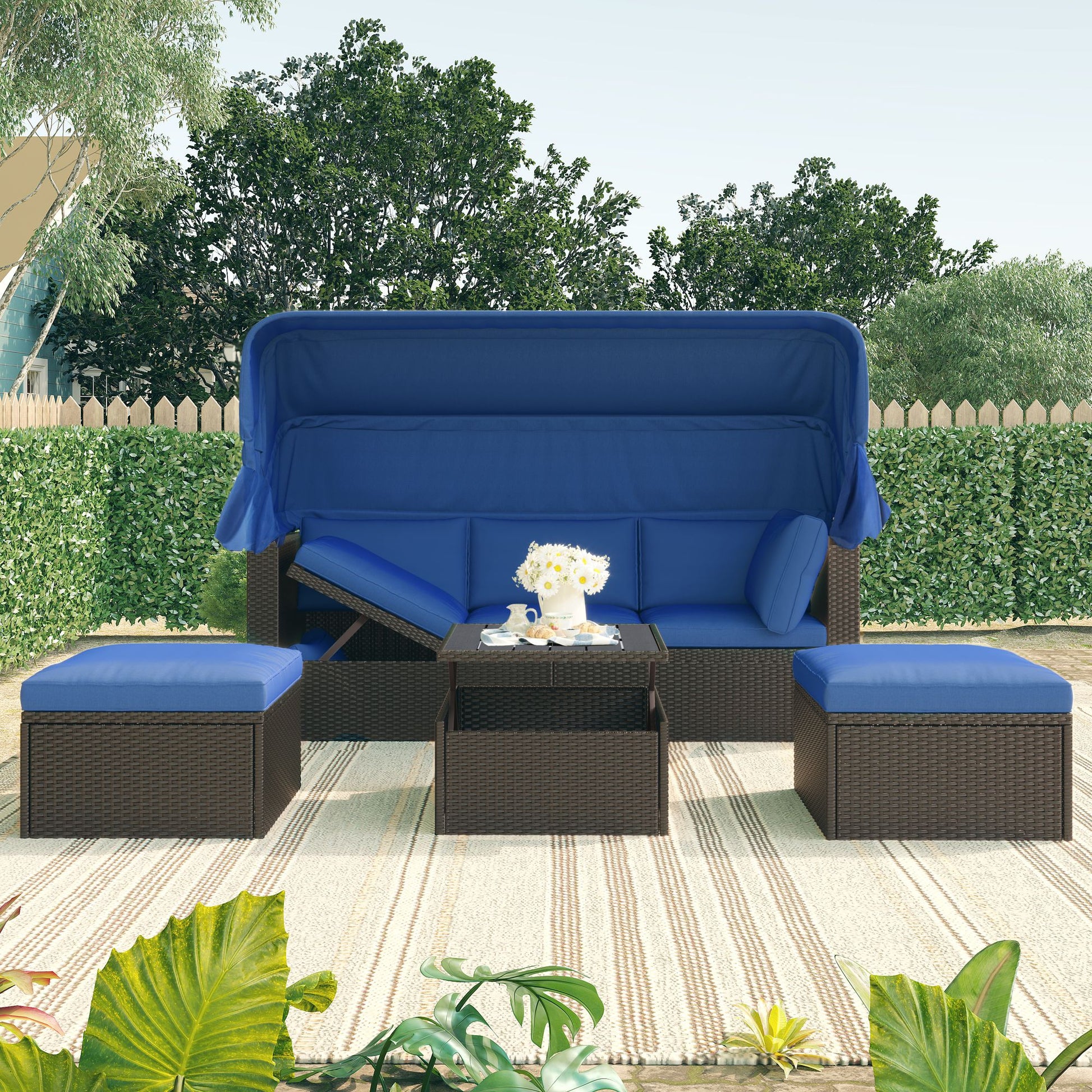 Outdoor Patio Rectangle Daybed with Retractable Canopy, Wicker Furniture Sectional Seating with Washable Cushions, Backyard, Porch - Discount Msrp 