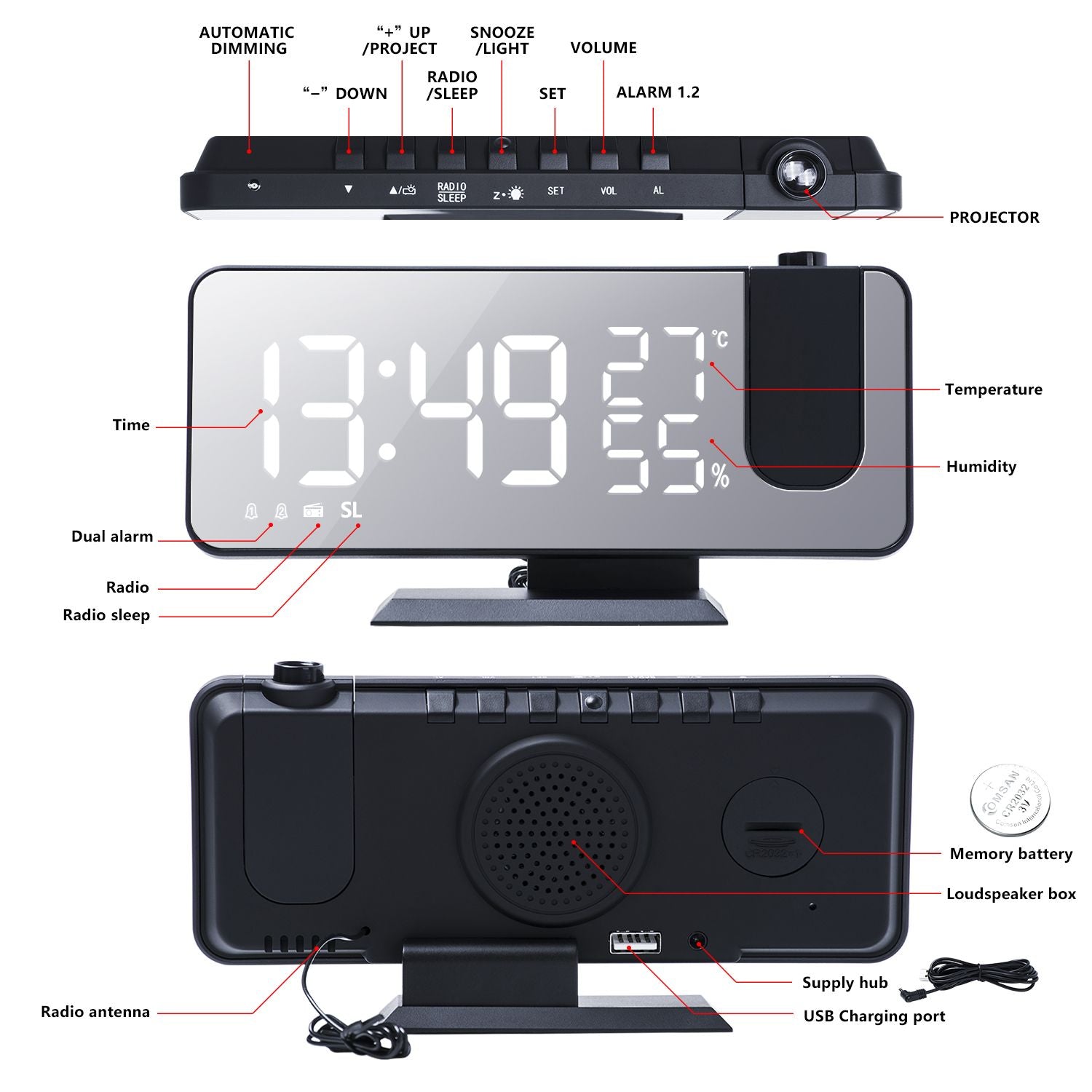 FM Radio LED Digital Smart Alarm Clock Watch Table Electronic Desktop Clocks USB Wake Up Clock with 180° Time Projection Snooze - Discount Msrp 