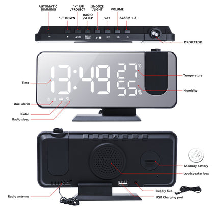 FM Radio LED Digital Smart Alarm Clock Watch Table Electronic Desktop Clocks USB Wake Up Clock with 180° Time Projection Snooze - Discount Msrp 