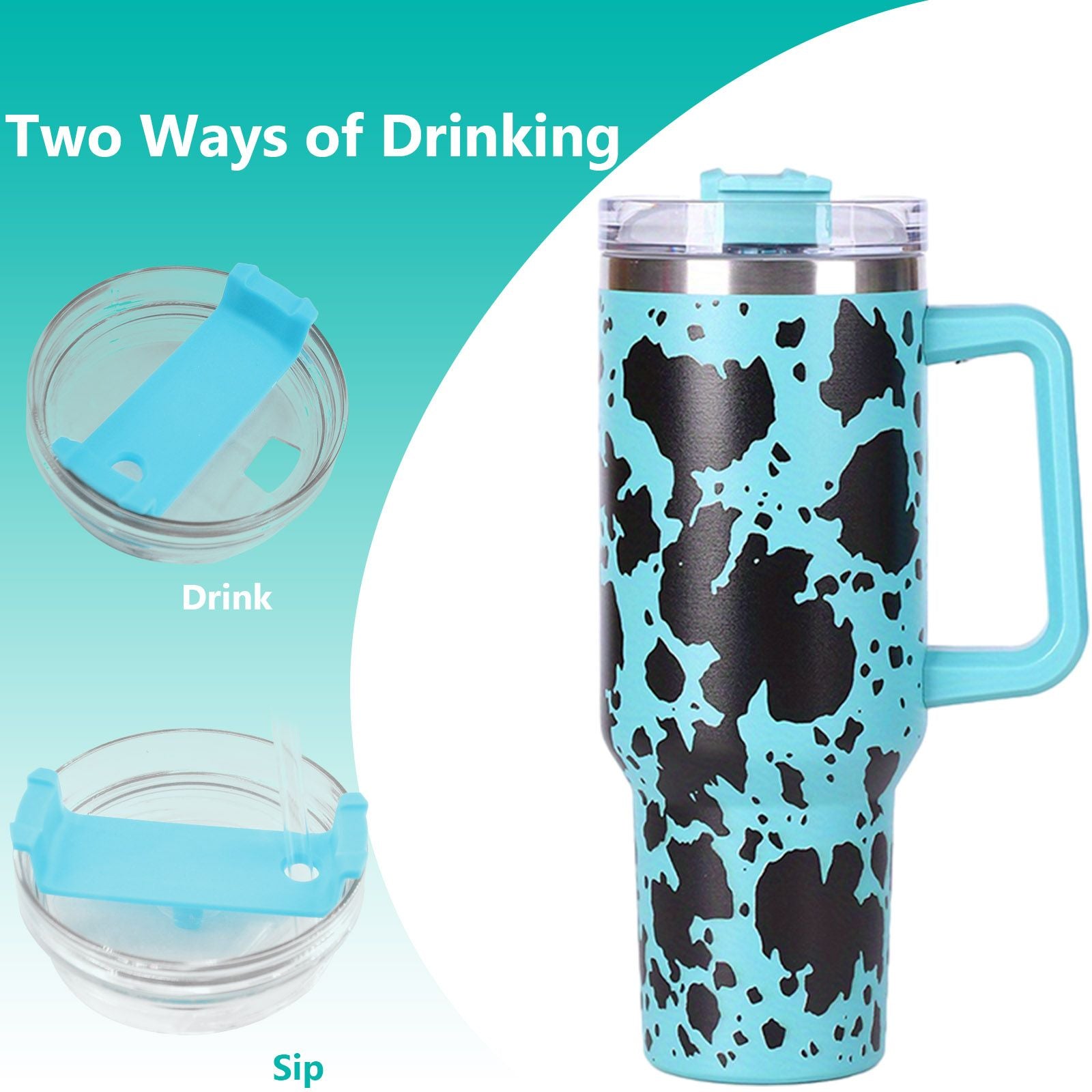 40oz 5D cowprint Insulated Tumbler With Handle And Straw Lid Portable Large Capacity water bottle, Heat preservation,304 Stainless Steel Cup For Outdoor Sports, Travel & Camping Birthday Gift - Discount Msrp 