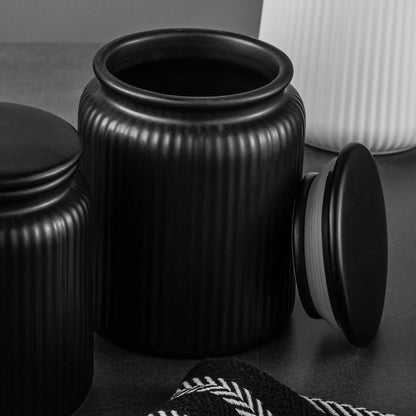 (2 pack) Medium (815mL) Ceramic Ribbed Kitchen Organization Jar, Black - Discount Msrp 