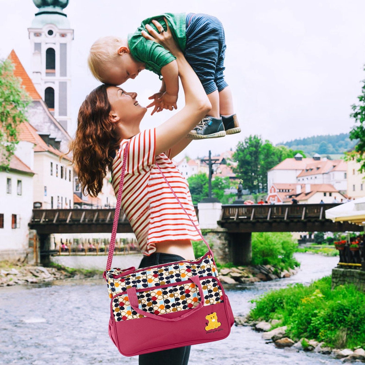 5PCS Baby Nappy Diaper Bags Set Mummy Diaper Shoulder Bags w/ Nappy Changing Pad Insulated Pockets Travel Tote Bags - Discount Msrp 