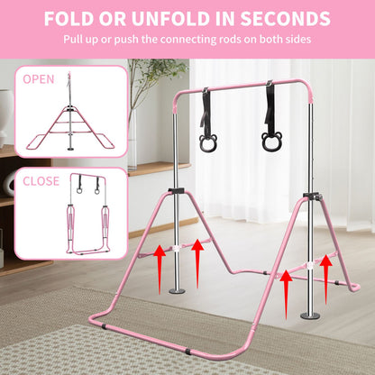 Pink Multi-Functional Adjustable Height Children's Horizontal Gymnastic Bar With Bear Rings - Discount Msrp 