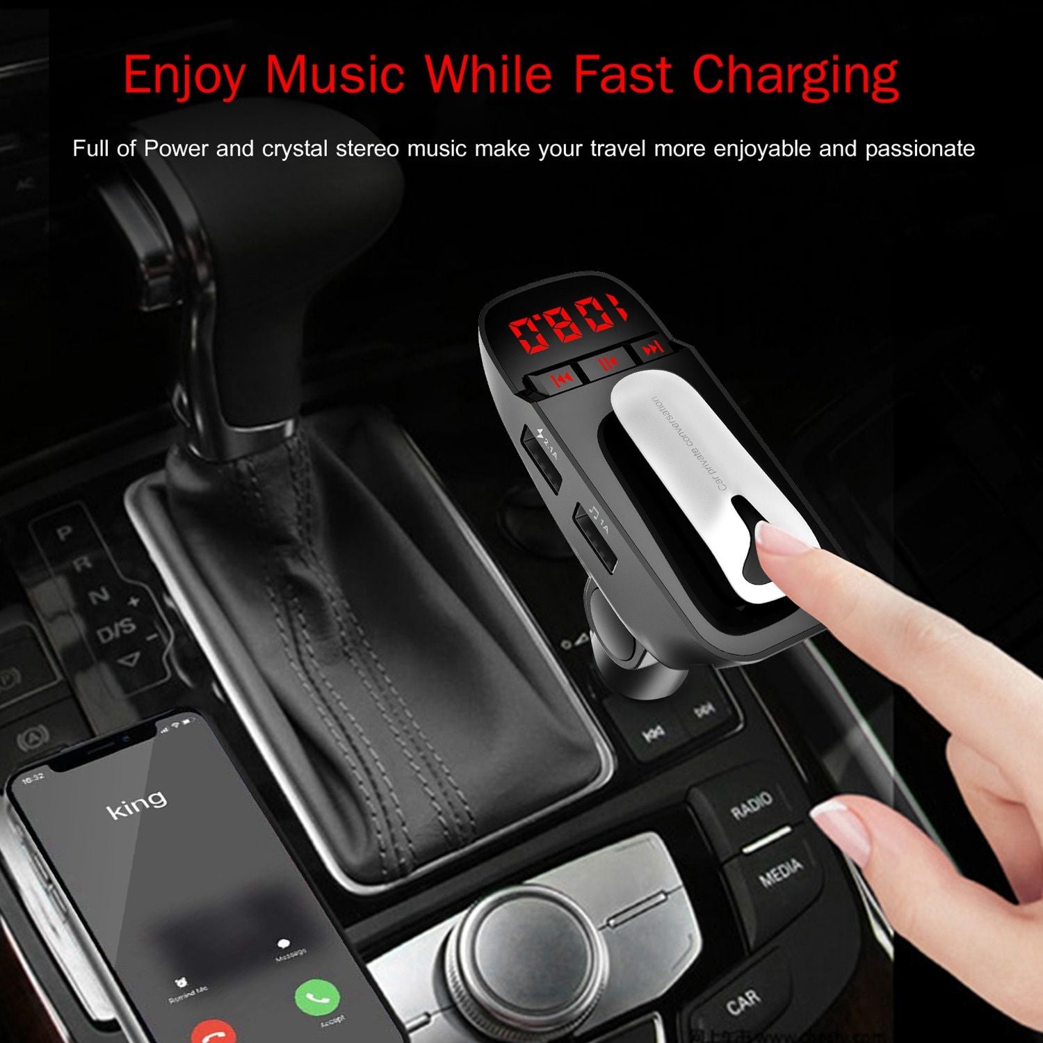 Car FM Transmitter w/ Wireless Earpiece 2 USB Charge Ports Hands-free Call MP3 Player - Discount Msrp 