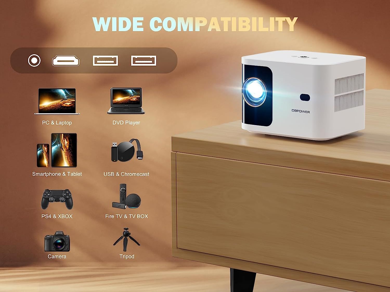 5G WiFi Mini Bluetooth Projector 4K Support, 300 ANSI HD 1080P Portable Video Projector, ±40° Vertical Keystone|Zoom|Timer, DBPOWER Smartphone Projector Outdoor Movie for PC/TV(White) - Discount Msrp 