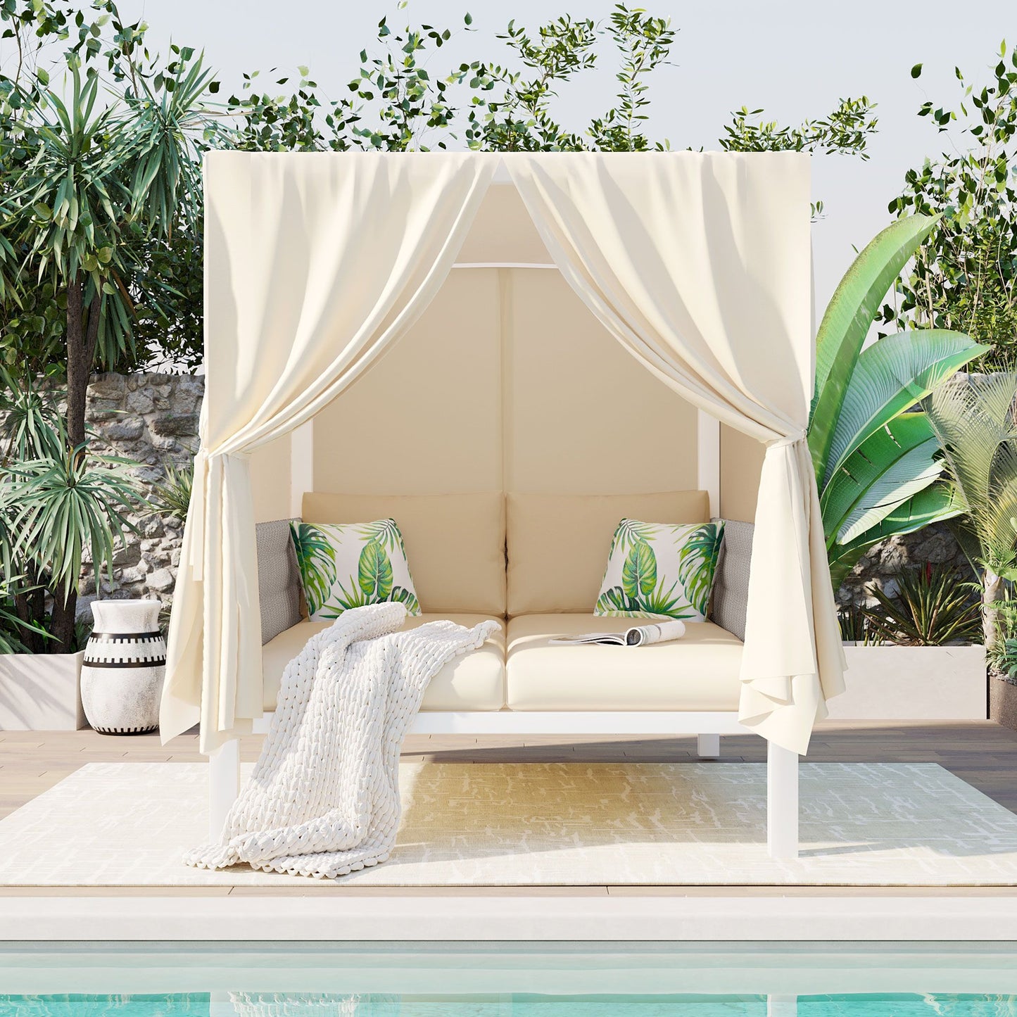 Outdoor Patio Sunbed with Curtains, High Comfort, Suitable for Multiple Scenarios - Discount Msrp 