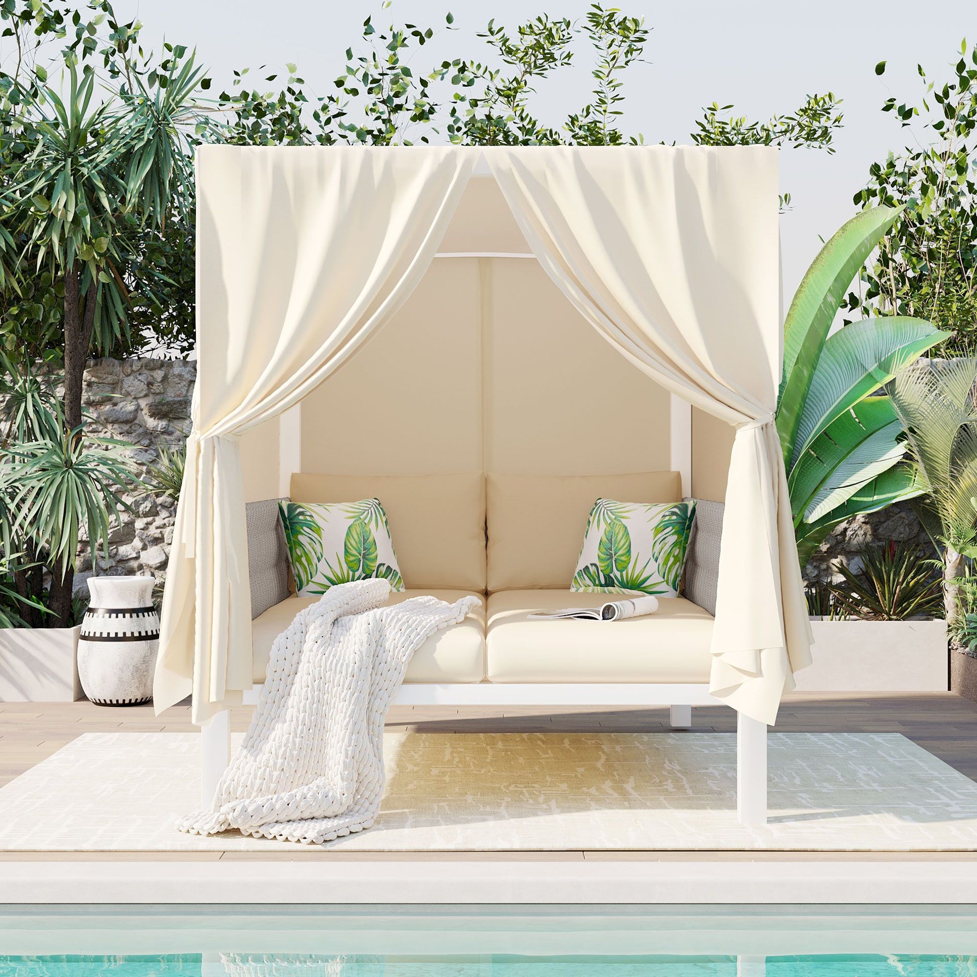 Outdoor Patio Sunbed with Curtains, High Comfort, Suitable for Multiple Scenarios - Discount Msrp 