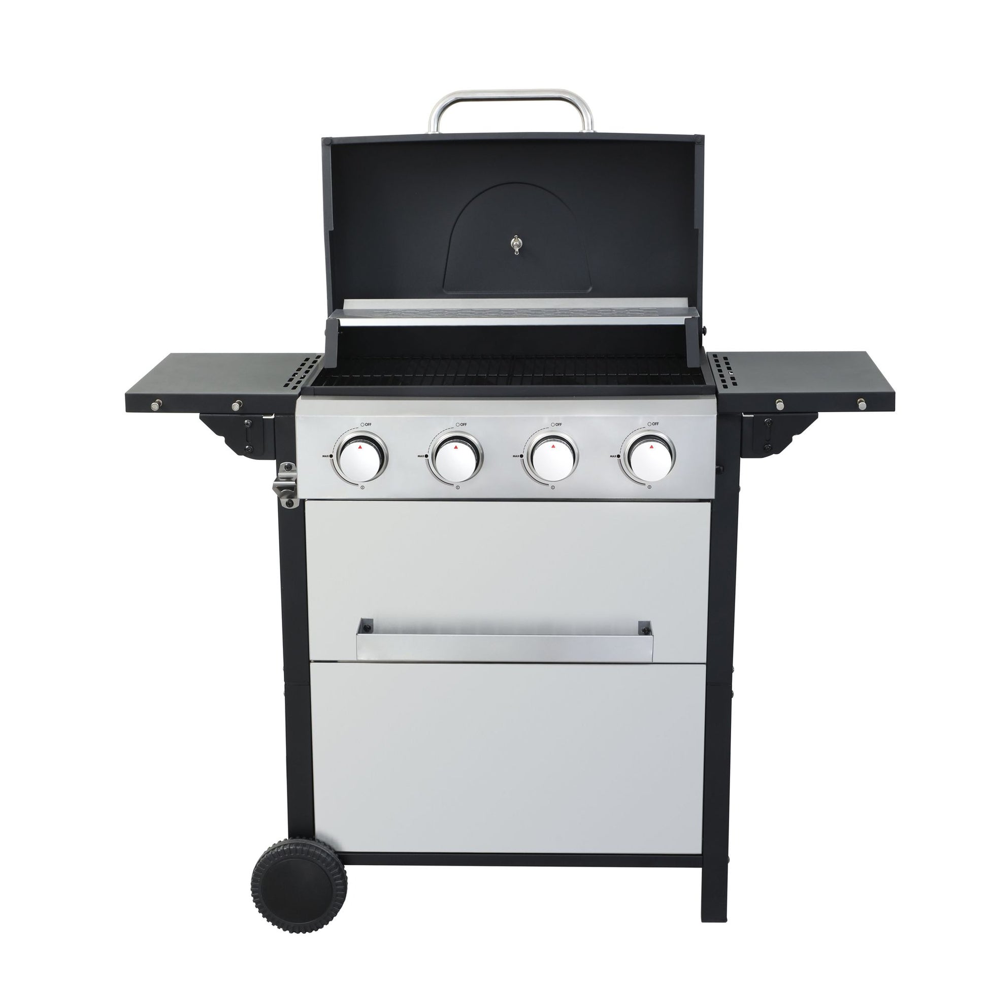 4-Burner Propane Gas BBQ Grill, 34200BTU Output With Wire Enamel Cooking Grids For Outdoor Barbecue, Foldable Side Table, Hanging Basket, Stainless Steel - Discount Msrp 