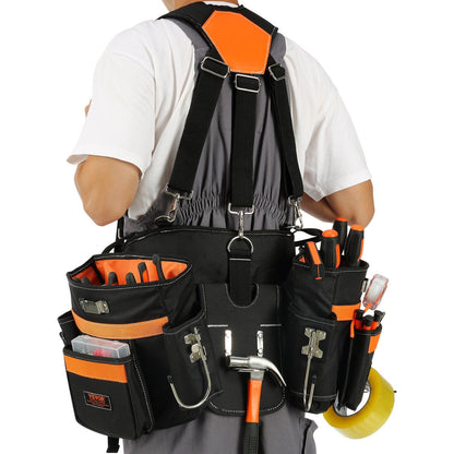 VEVOR Tool Belt with Suspenders, 29 Pockets, 29-54 inches Adjustable Waist Size, Tool Belts for Men, 600D Polyester Heavy Duty Carpenter Tool Pouch for Carpenters, Electricians, and Gardening, Black - Discount Msrp 