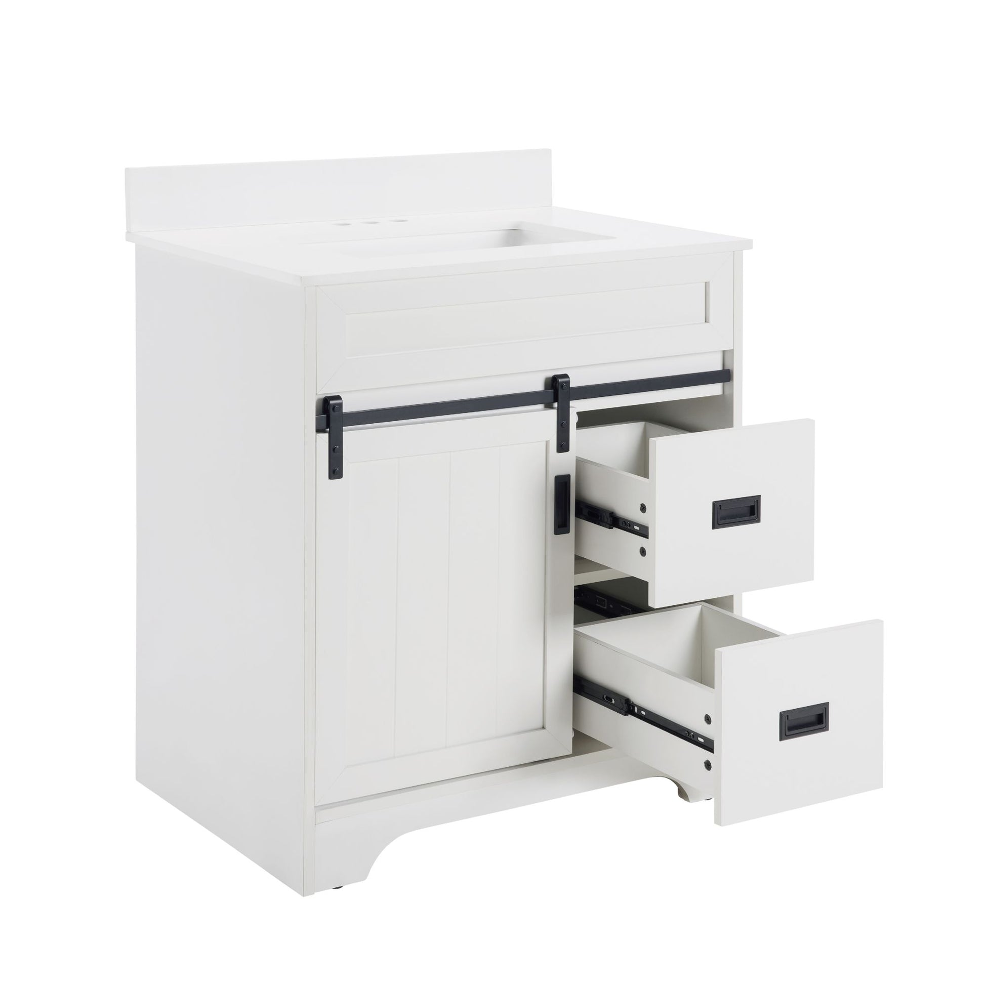 [VIDEO provided]30" Bathroom Vanity with Single Sink Combo, Farmhouse Undermount Bathroom Sink Cabinet with Sliding Barn Doors and 2 Drawers, Freestanding Bathroom Vanities,White - Discount Msrp 