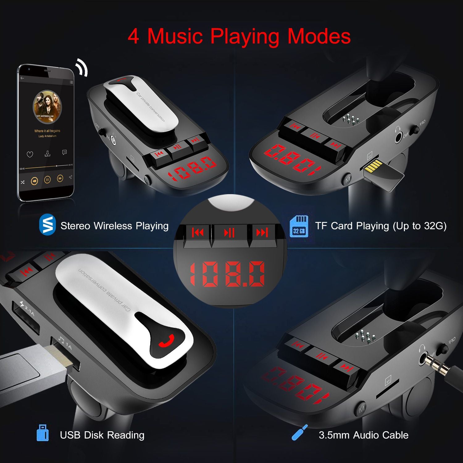 Car FM Transmitter w/ Wireless Earpiece 2 USB Charge Ports Hands-free Call MP3 Player - Discount Msrp 