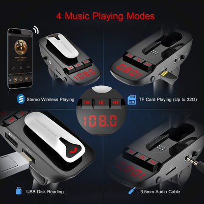Car FM Transmitter w/ Wireless Earpiece 2 USB Charge Ports Hands-free Call MP3 Player - Discount Msrp 