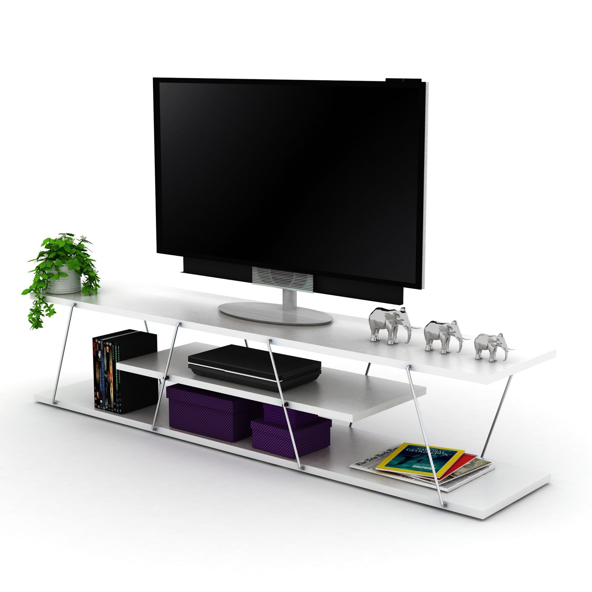 FurnisHome Store Tars Mid Century Modern Tv Stand 4 Shelves Open Storage Metal Cords Entertainment Centre 56 inch Low Tv Unit, White/Chrome - Discount Msrp 