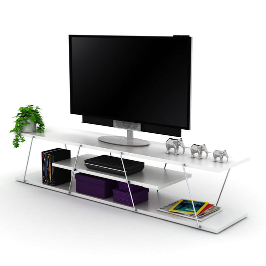 FurnisHome Store Tars Mid Century Modern Tv Stand 4 Shelves Open Storage Metal Cords Entertainment Centre 56 inch Low Tv Unit, White/Chrome - Discount Msrp 