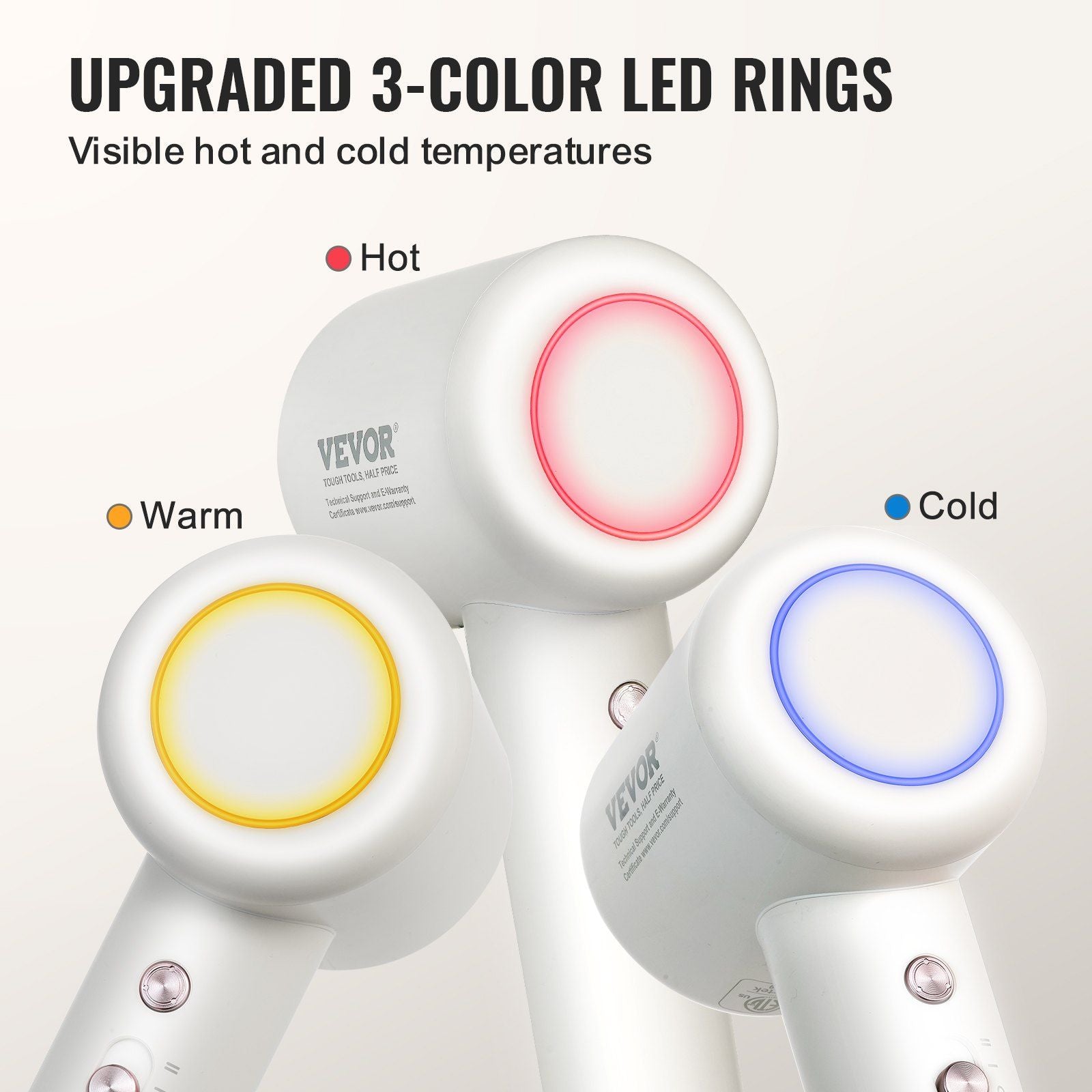VEVOR High-Speed Hair Dryer with 102,000RPM Brushless Motor, 200 Million Negative Ions Hair Blow Dryer, 3-Color Temp LED Lights & 2 Speeds, Lightweight Hairdryer with Diffuser & Nozzle for Home Travel - Discount Msrp 