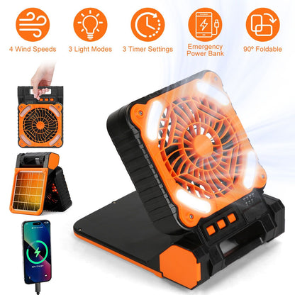 Solar Camping Fan With LED Lantern 5200mAh Rechargeable Battery Operated Portable Fan with Emergency Power Bank 4 Wind Speeds 3 Light Modes 3 Timers for Hiking Fishing Travel GPCT5319 - Discount Msrp 