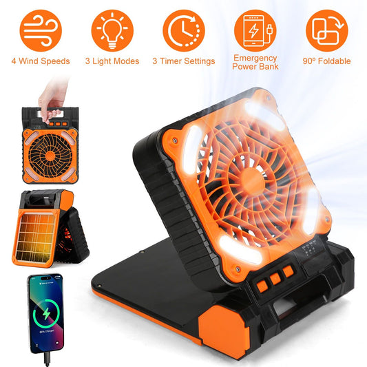 Solar Camping Fan With LED Lantern 5200mAh Rechargeable Battery Operated Portable Fan with Emergency Power Bank 4 Wind Speeds 3 Light Modes 3 Timers for Hiking Fishing Travel GPCT5319 - Discount Msrp 