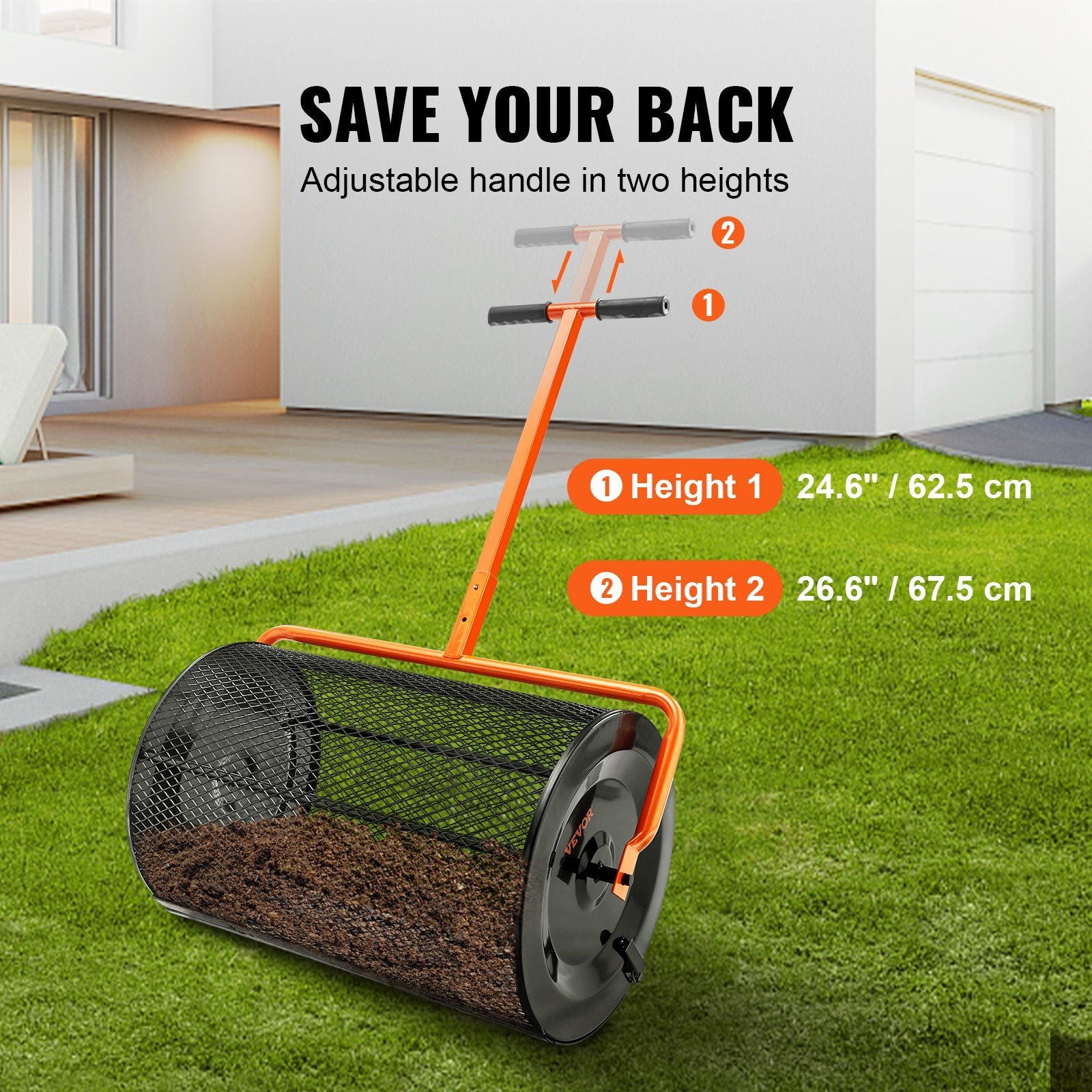 VEVOR Compost Spreader Peat Moss Spreader 24 inch Wide 24.4-26.4" Height Adjustable Lawn & Garden Spreaders Compost; Top Soil; Mulch - Durable Lightweight Multi-Purpose Yard Care Equipment - Discount Msrp 