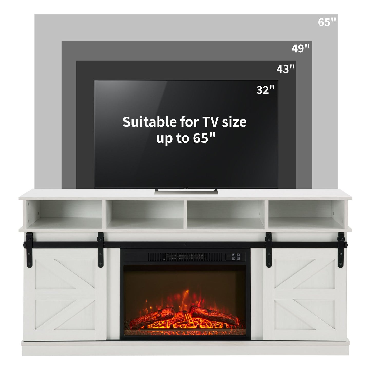 Modern Farmhouse TV Media Stand, Large Barn Inspired Home Entertainment Console, with 23" Fireplace Insert, for TV Up to 65'', with Open Shelves and Closed Cabinets, White - Discount Msrp 