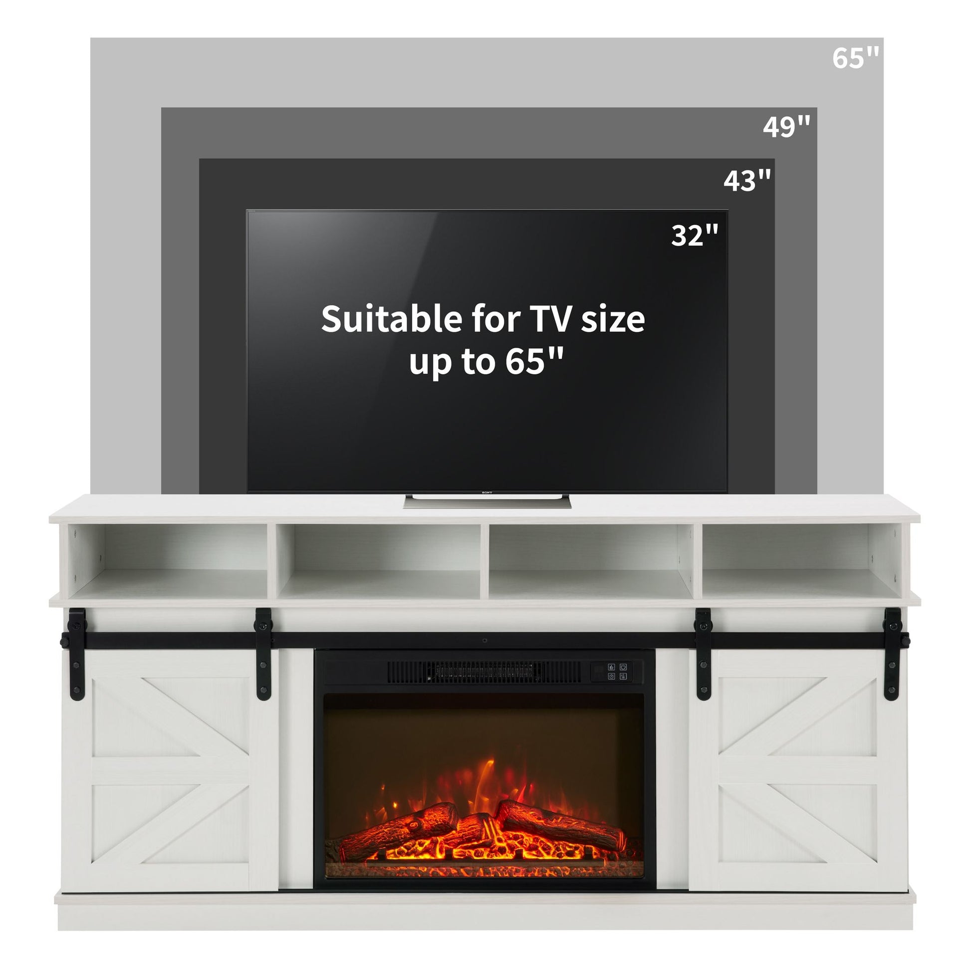 Modern Farmhouse TV Media Stand, Large Barn Inspired Home Entertainment Console, with 23" Fireplace Insert, for TV Up to 65'', with Open Shelves and Closed Cabinets, White - Discount Msrp 
