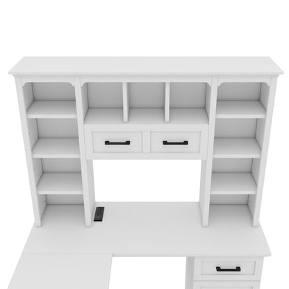 L-Shaped Computer Desk with 2 Cabinets and 2 Drawers, 11 Open Shelves and 1 Right Flip Shelf with Storage, with Power Outlet, for Study, Living Room and Office, White - Discount Msrp 